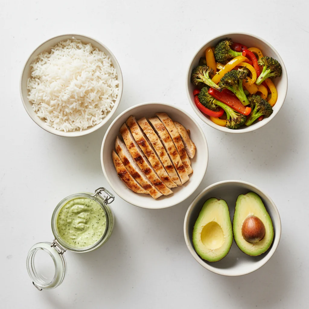 Meal prep components laid out in bowls